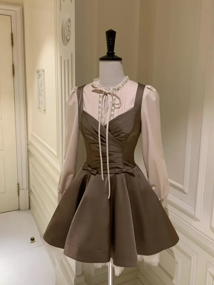 Retro Patchwork Satin Long Sve Dr Women's Autumn Court Sle Waist Cinching Slimming Princ ort Skirt Dr