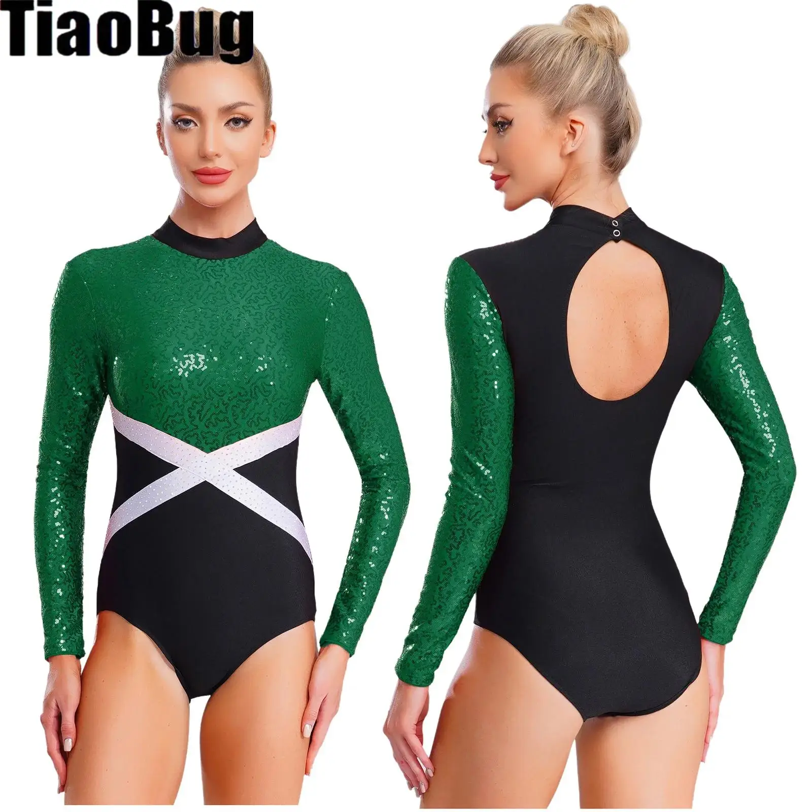 Justaucorps de gymnastique à paillettes scintillantes pour femmes, combinaison une pièce ajourée au dos de couleur contrastée pour le patinage artistique, la danse de Ballet