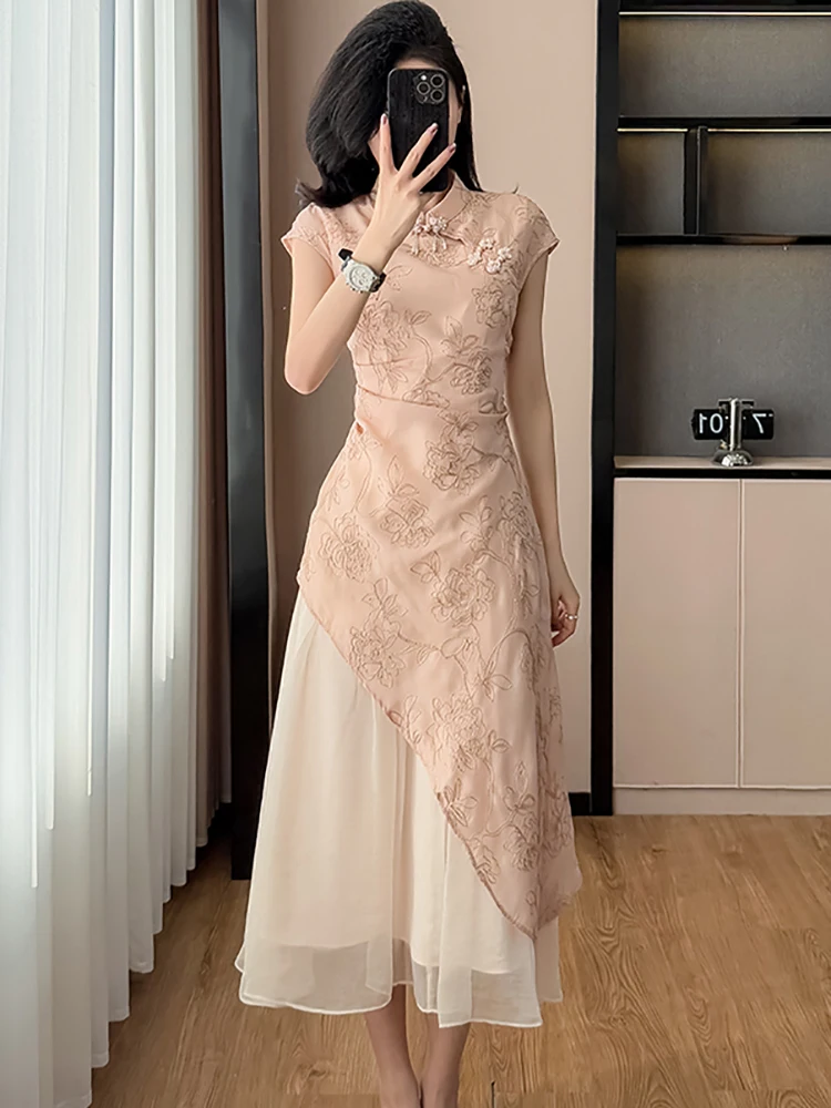 Été rose broderie florale Patchwork à volants longue robe femmes coréenne élégante robe de luxe robe 2025 nouvelle robe de soirée moulante