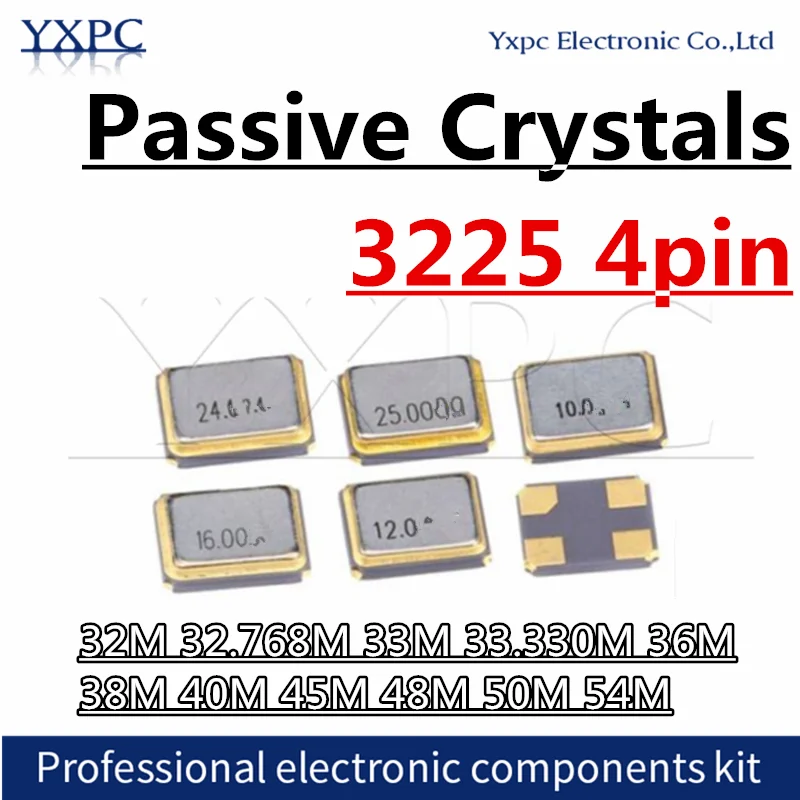 

10pcs 3225 Passive Crystal SMD 4pin 13.56MHZ 32MHZ 32.768MHZ 33MHZ 33.330MHZ 36MHZ 38MHZ 40MHZ 45MHZ 48MHZ 50MHZ 54MHZ