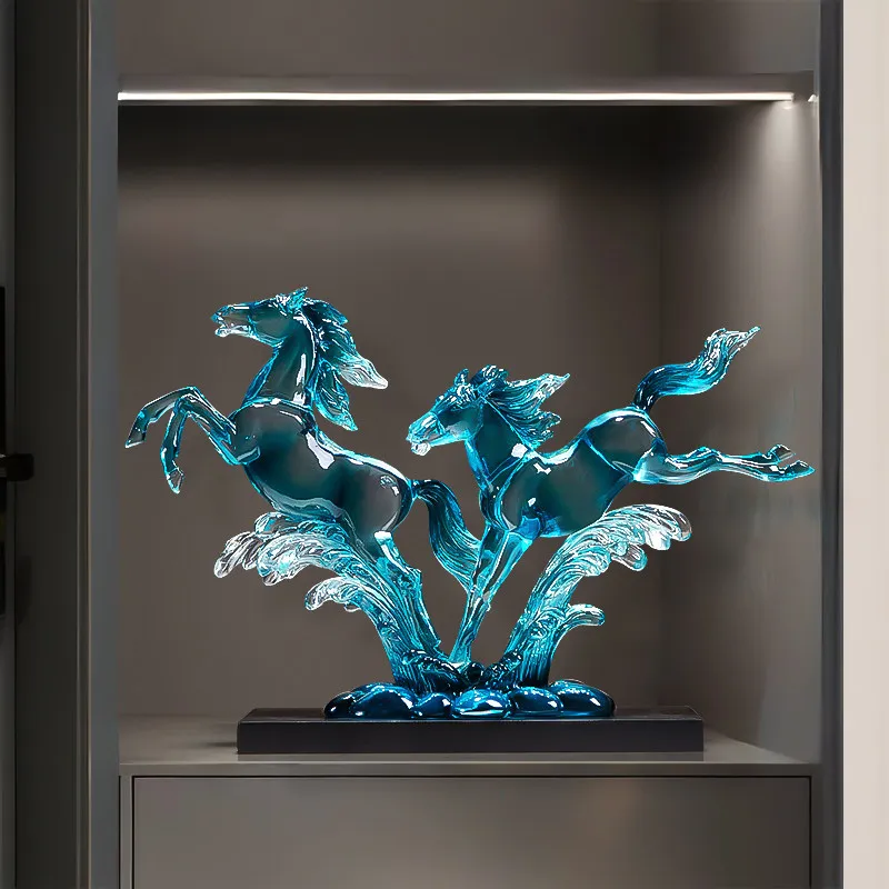 Two Galloping Horses Statuette Decoration Transparent Resin Art Living Room TV Cabinet,Wine Cabinets,Office,Desktop Decorations