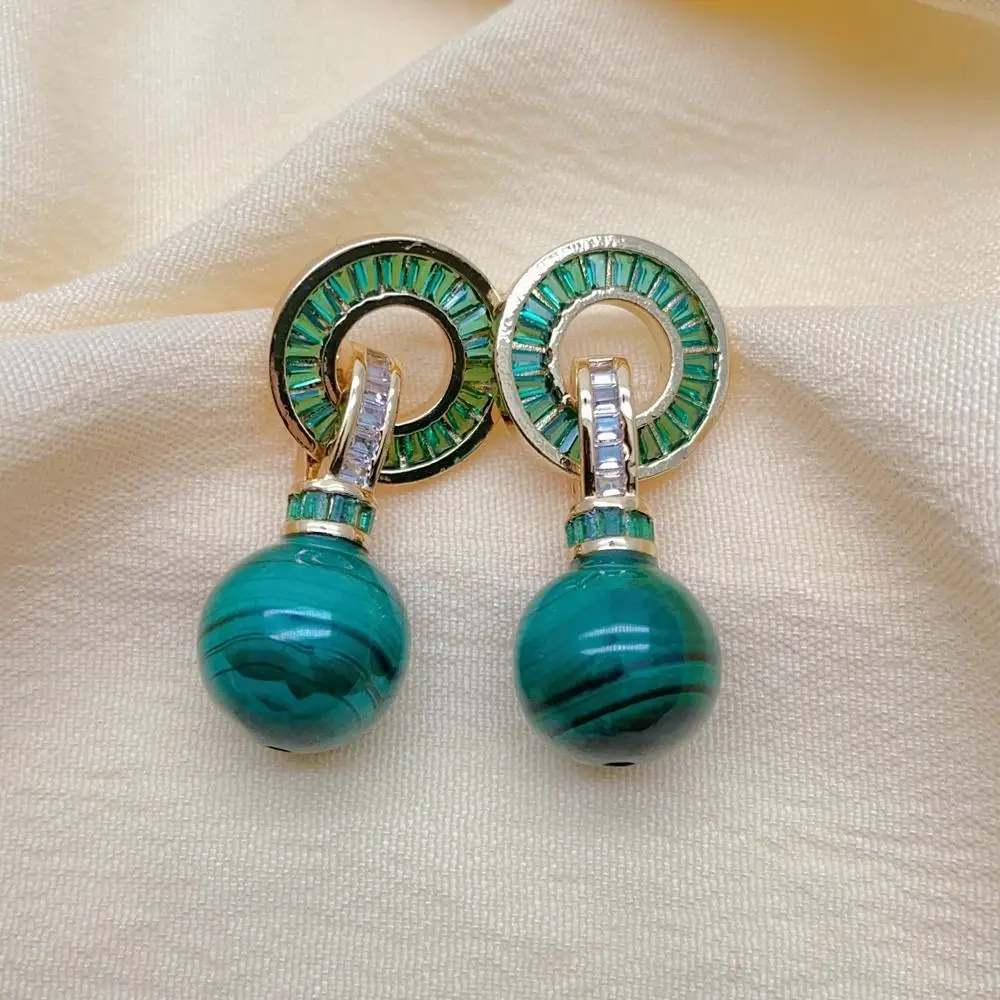 Orecchini a goccia con pietre preziose verdi naturali Y-YING Malachite Round Cz Pave Stud