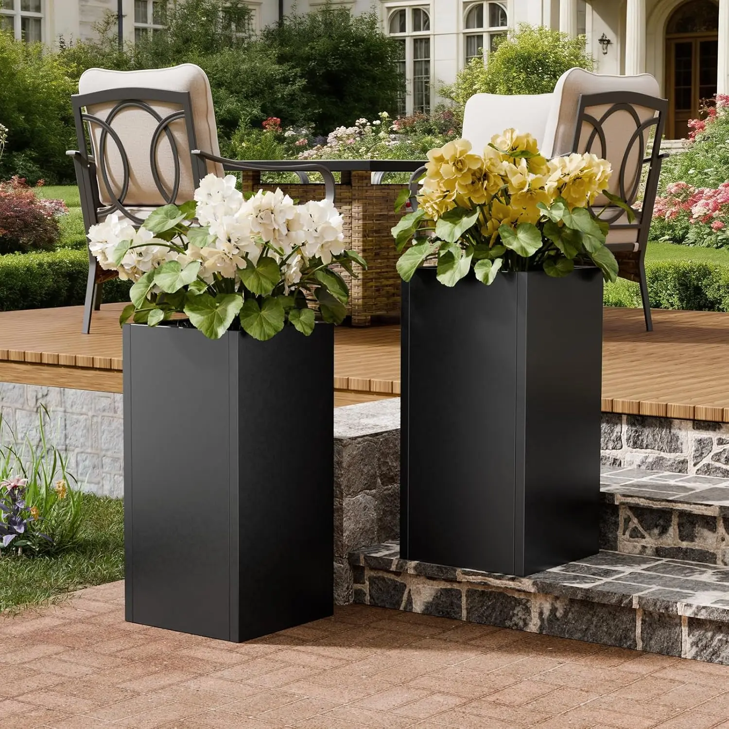 

Tall Metal Planters Box for Outdoor Plants 2 Pack- 23.6" Modern Steel Tall Square Planter with Removable Insert Shelf, Heavy Dut