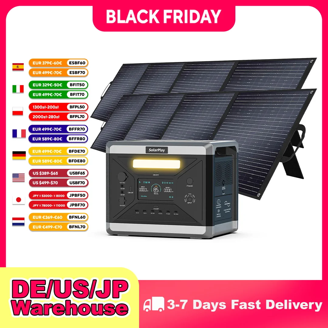 SolarPlay 2400W/2160Wh Centrale Energetiche Portatili Q2501 Batterie Ricaricabili Escursionismo Pannelli Solari 200W Pieghevole per Esterno