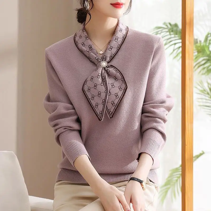 

Women's Clothing Bow Loose Chic Sweaters Autumn/Winter Unique Long Sleeve Gentle Knit Pullover Lady V-neck All-match Fashion Top