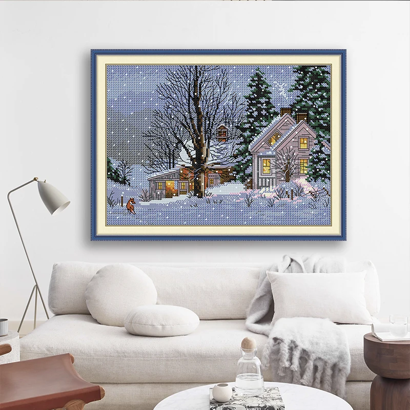 

Joy Sunday Cross Stitch Printed Counted Aida Fabric 16CT 14CT DIY Craft Needle Kits Embroidery Set Snowy Night Wall Decor