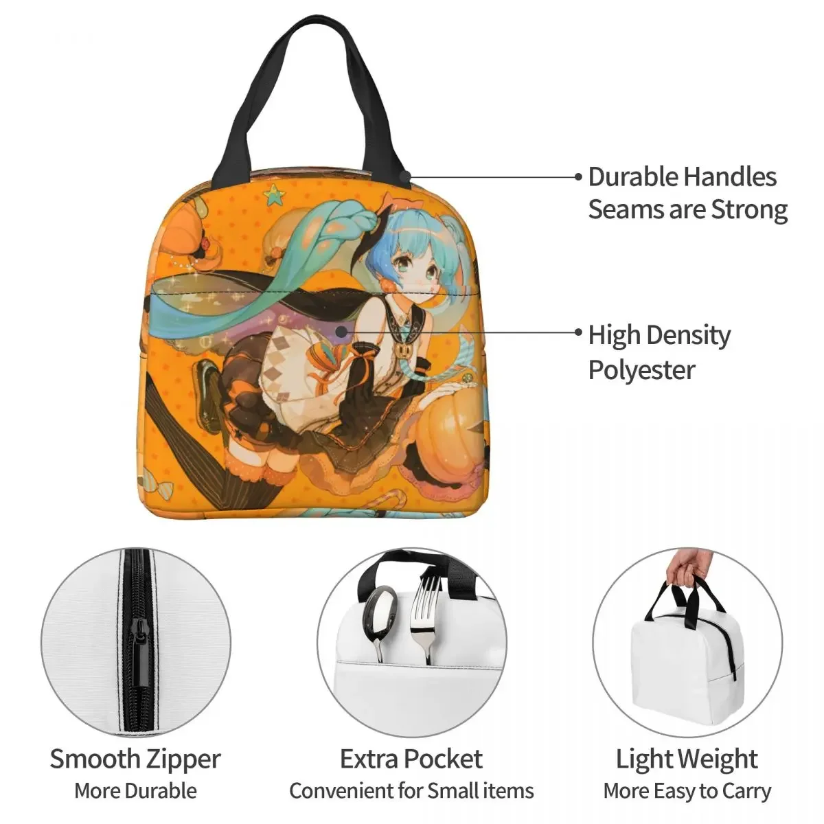 Zucche di Halloween Miku Virtual Idol Lunch Bags H-HATSUNE Lunch Container Thermal Bag Tote Lunch Box Work Picnic Food Handbags