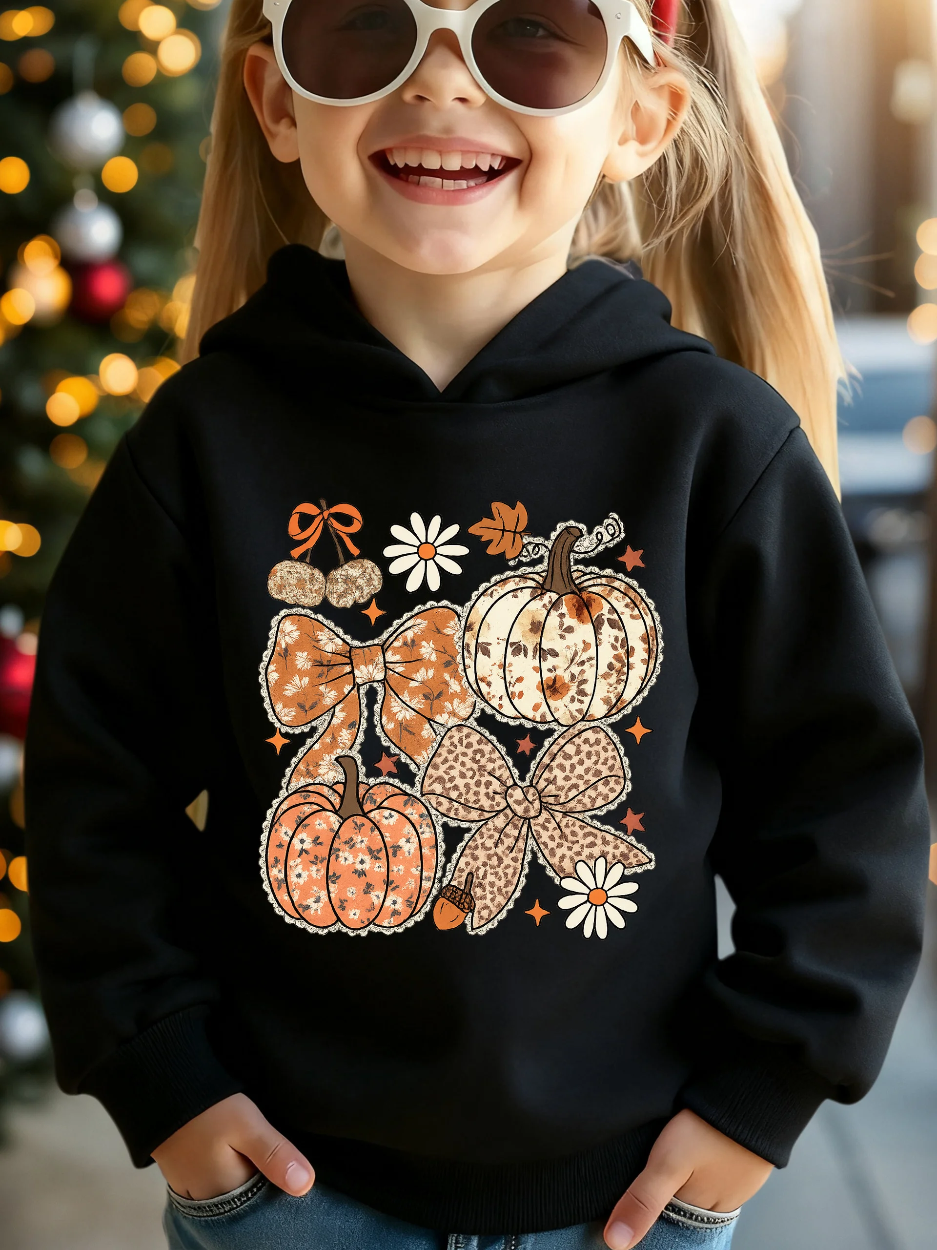 Thanksgiving girl's autumn and winter fashionable warm hooded pullover, with maple leaf and pumpkin cartoon pattern prints