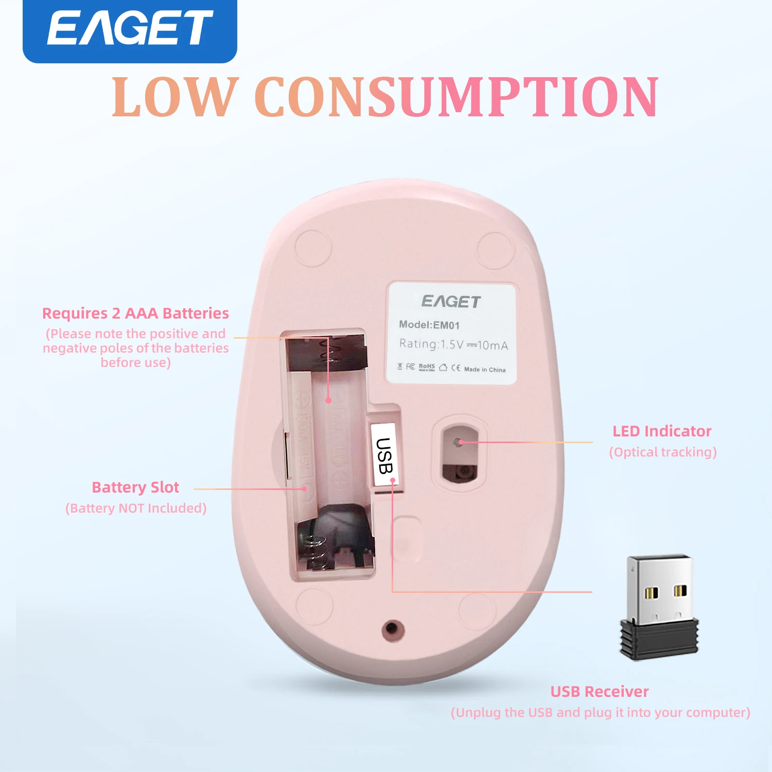 Eaget Replaceable Battery 2.4G Optical Mice Wireless Mouse with USB Three Levels DPl Mouse for Computer Laptop PC Mute Mouses