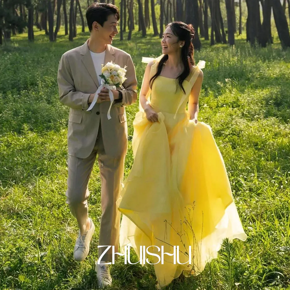 

ZHUISHU Fairy Organza Yellow Evening Dress Korean Garden Wedding Dress Photo Shoot Strap A line Party Dress Corset Customized