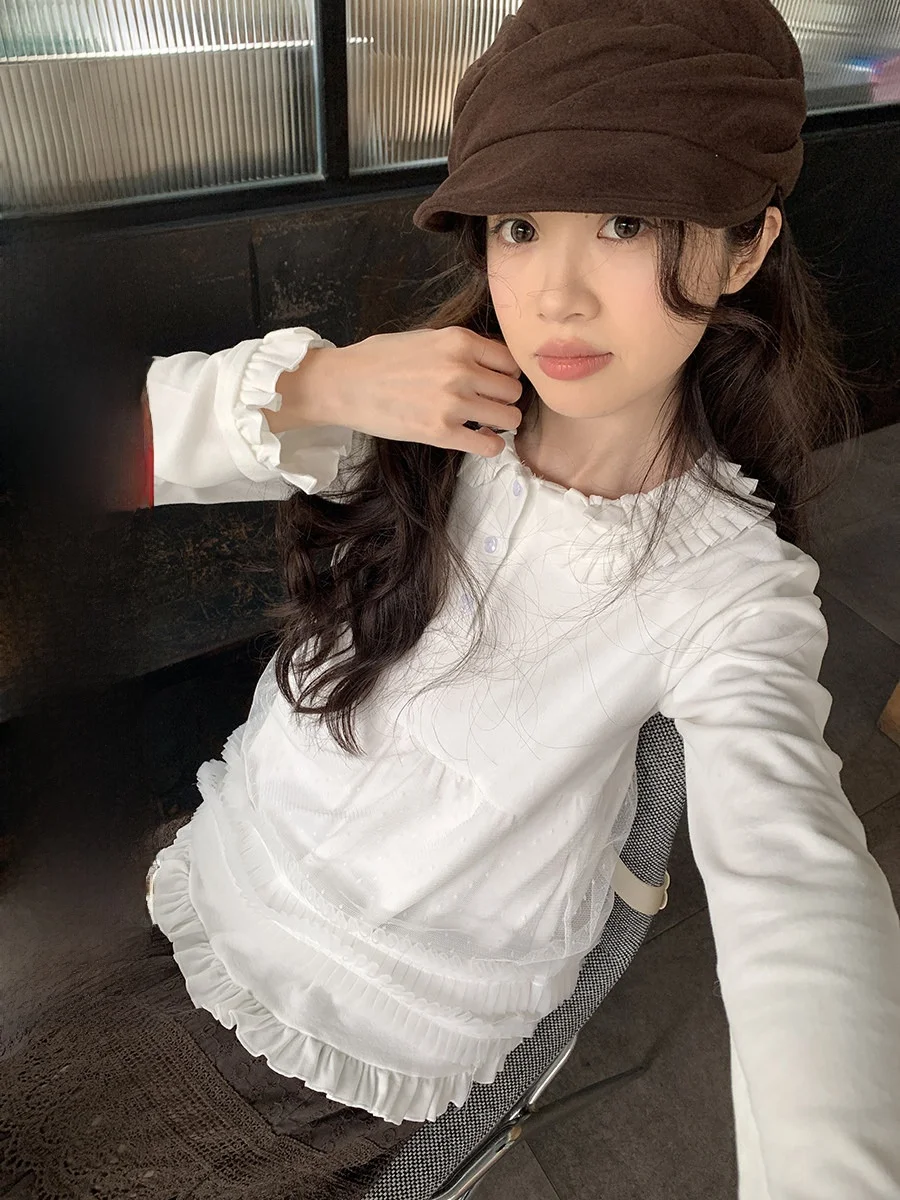 

Длинная футболка Sinbounboun с воротником-рюшами и эффектом многослойности, повседневная женская футболка в стиле кэжуал