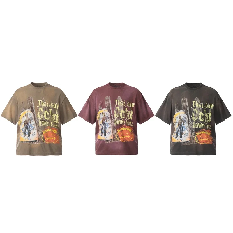 American Street Hip-hop Cactus Jack Tshirt Heavy Wash Water Doodle Print Vintage T-shirts Short Sleeves Tops Men Women