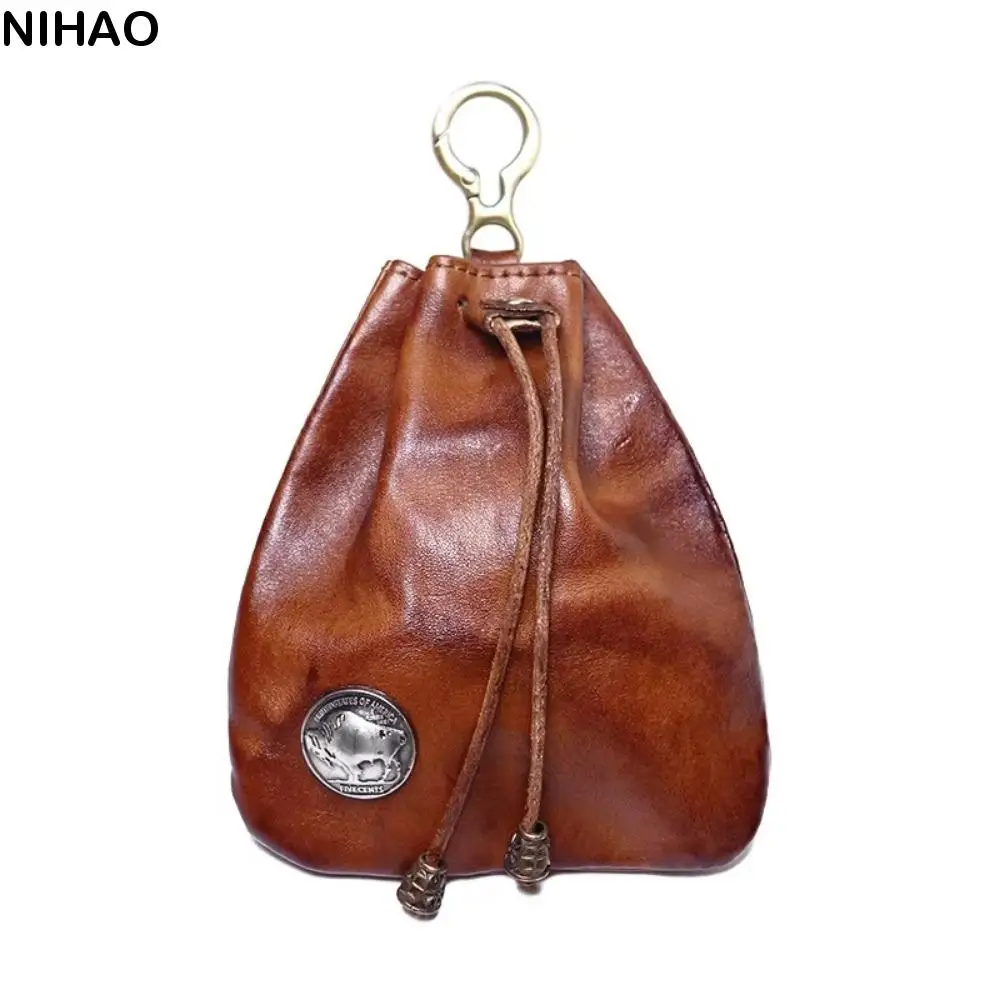 Exquisite Vintage Drawstring Key Wallet Retro Mini Pouch Change Purse Multifunction PU Coin Organizer Waist Bag for Women