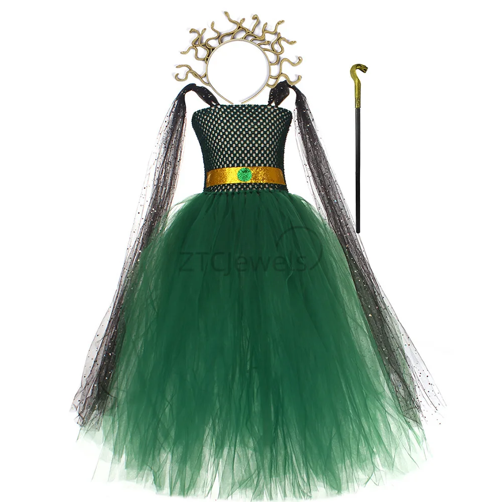 Antikes griechisches Medusa-Cosplay-Kostüm-Set für Mädchen, dunkelgrünes langes Kleid mit Schlangenhaar und Siren, Kopfschmuck und Zepter