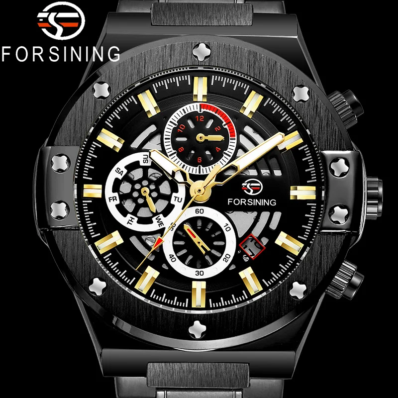 2023 Forsining Top Brand Automatic Mechanical Men Military Sport Maleluxury Gold Full Stainless Steel Skeleton Waterproof Watch