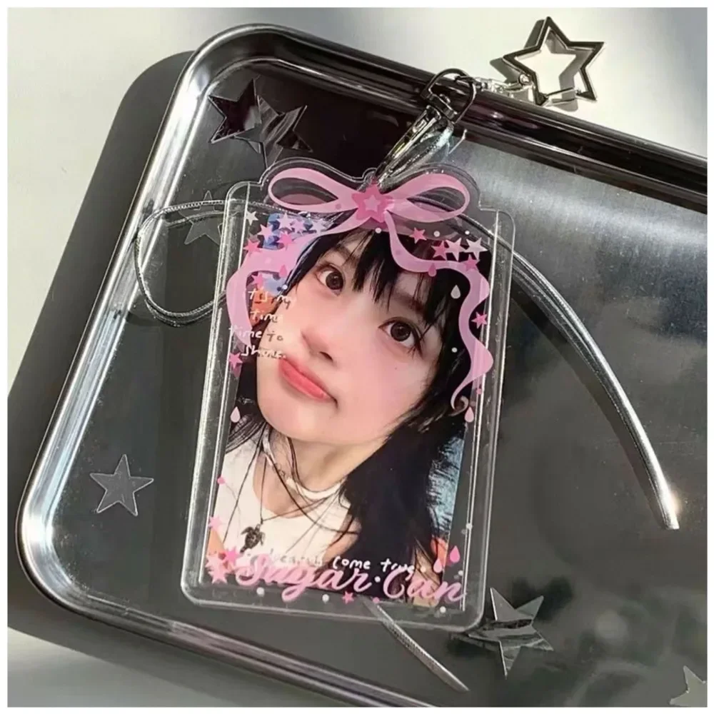 Cute Clear credit Card Holder for Girls Pink Ribbon Bow Transparent Card Holder with Keychain Student Photocard
