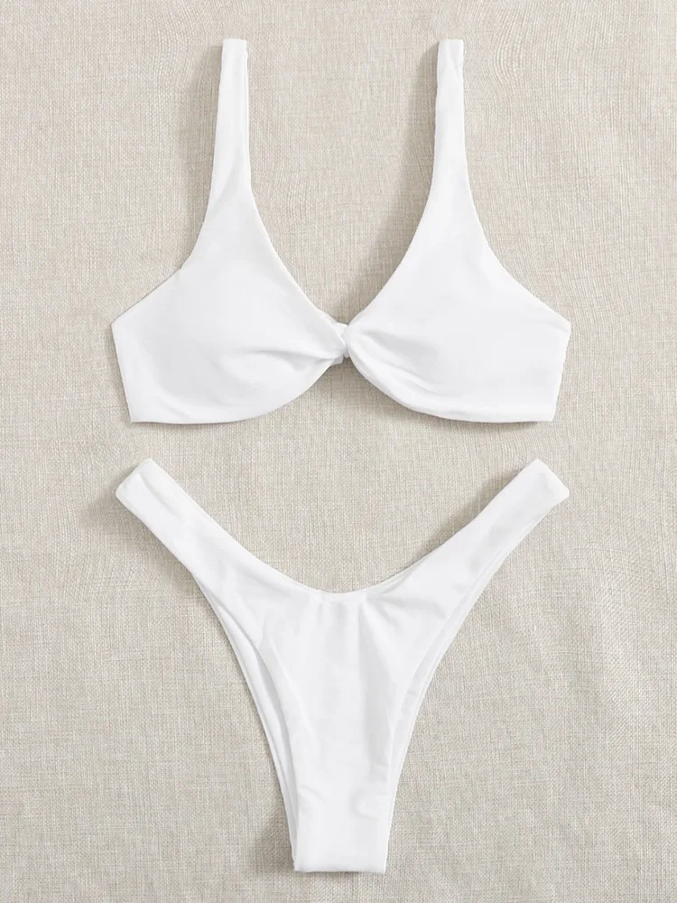 

Summer Women Solid V Neck Sexy Backless Lace-up Slip Bikini Top And Low Waist Triangle Pant Swimwear 2025 Swimsuit Two Piece Set