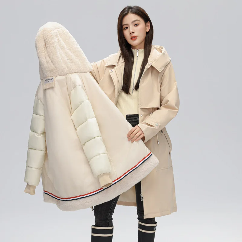 

Parkas Verde Womens Autumn Warm Waist-Cinching Anti-Static Outcoat Front Round Neck Stretched Feminine Pocket Wadded Mid-Young