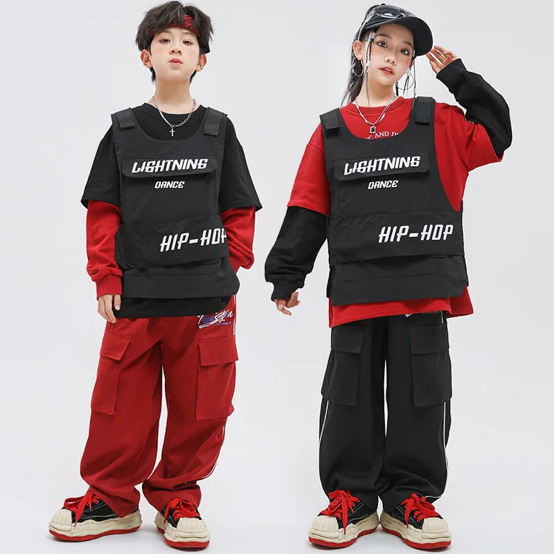 Children Street Dance Performance Costumes for Kids Black Vest Loose Pants Girls Hip Hop Dance Clothes Teenagers Boys Streetwear