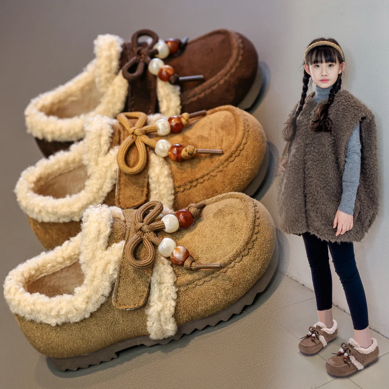 

Модная и хит продаж для девочек, осень 2023, новая детская обувь, туфли принцессы с бантом, модная обувь с волосатой обувью и бархатными хлопковыми обуви