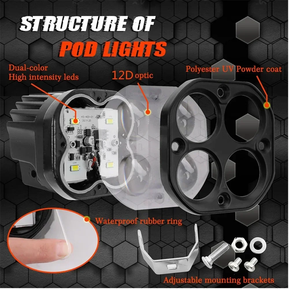 1000W Super Bright 3 Inch Dual Color LED Motorcycle Headlights Spotlights Auxiliary12V 24V Driving Lamp for 4x4 Car Auto SUV ATV