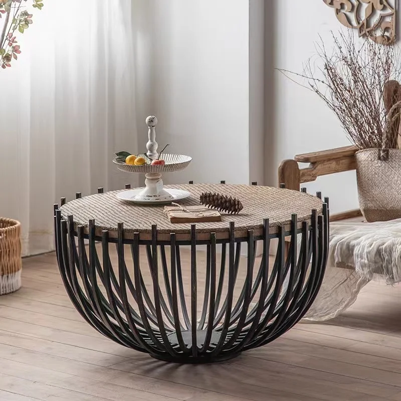 American vintage rattan woven round coffee table creative small round table with iron base sofa side table for living room