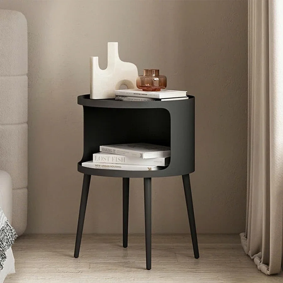 Contemporary round side tables, small metal bedside tables, and open-plan storage in bedrooms, living rooms, and compact spaces.
