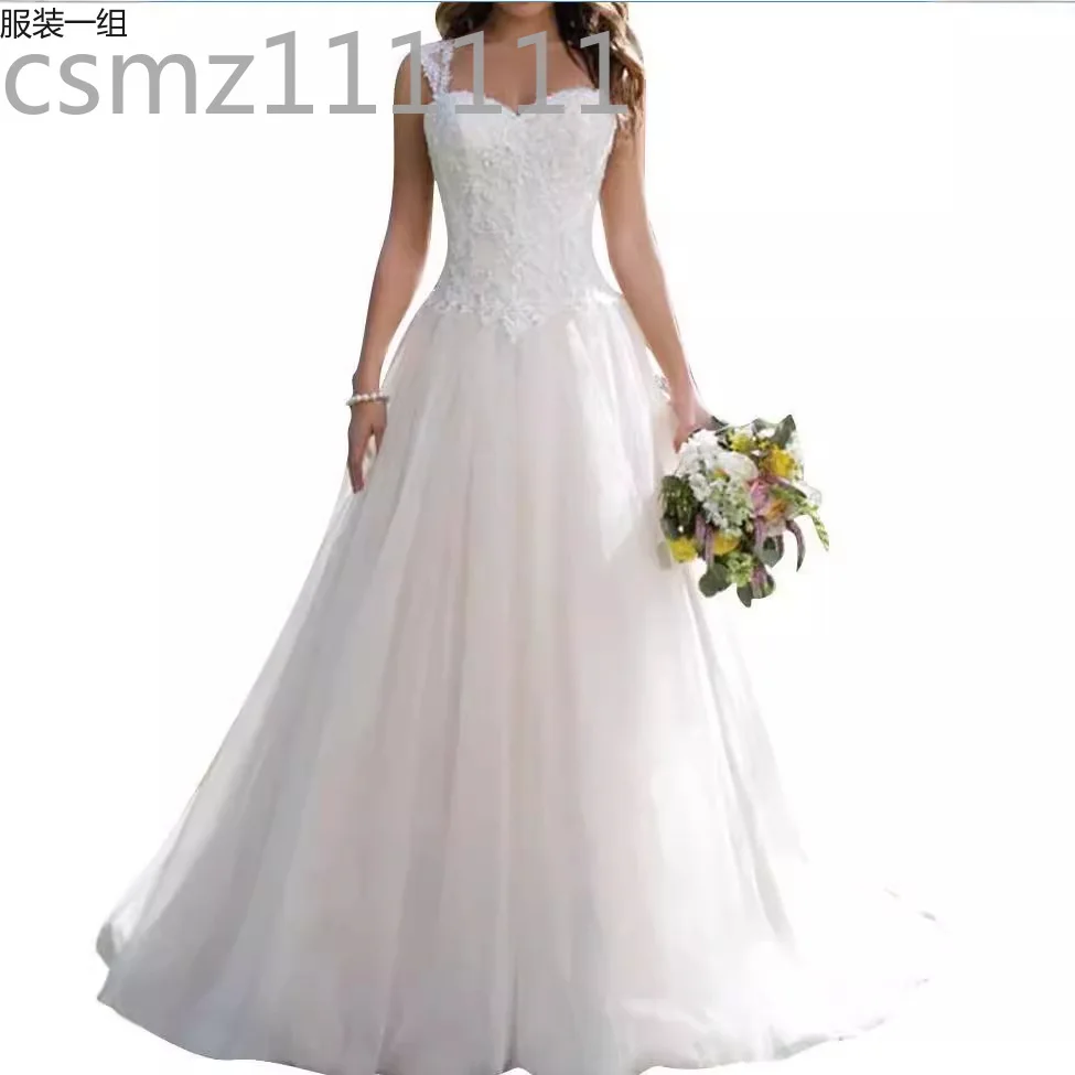 

Double Shoulder Strap Wedding Dress 2024 New Bride Simple Deep V-neck Big Halter Travel Pat Small Trailing Soft Yarn Lace Thin