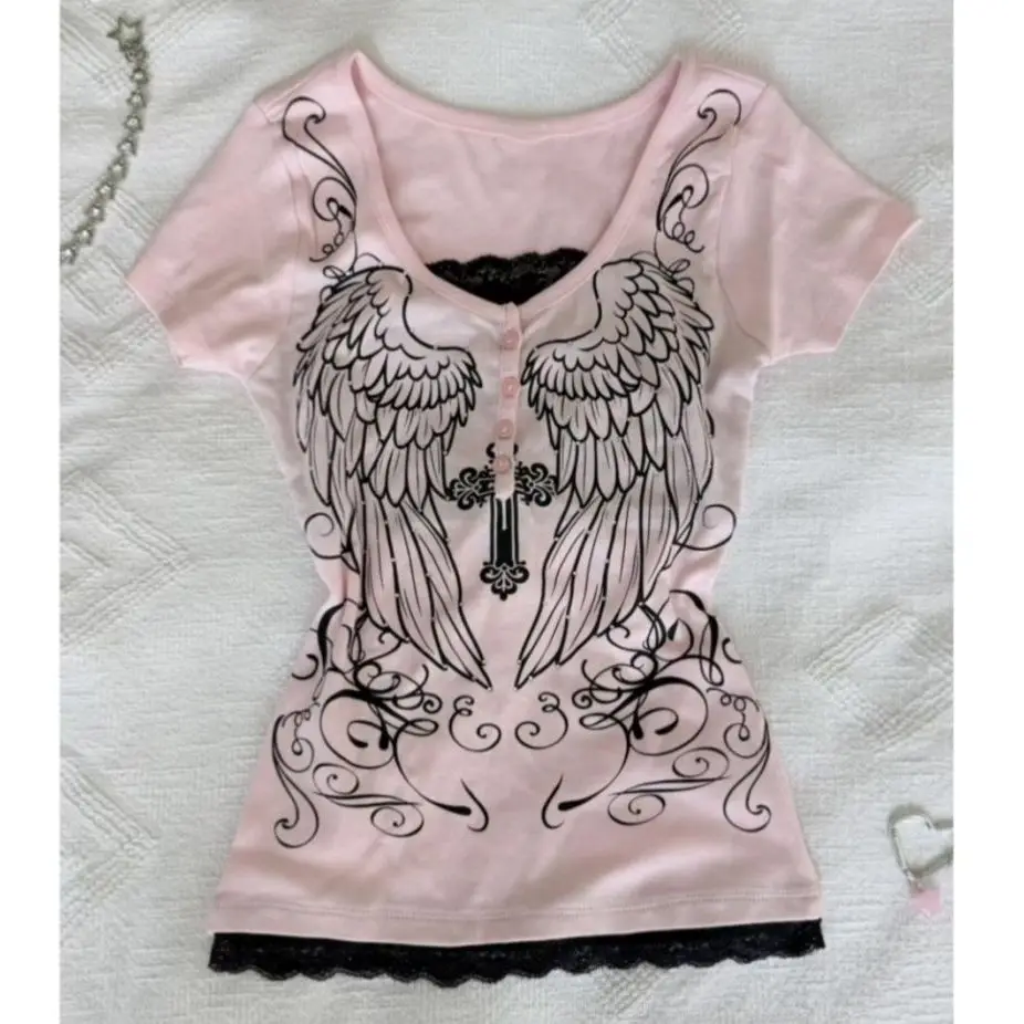 American Vintage Gothic Cross Wing Graphic T Shirts Top Lace Fake Two-piece Pure Desire Slim Fit Hot Girl Style T-shirt