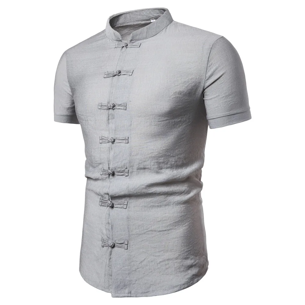 2023 Cross border New Chinese Style Solid Color Men's Pan Buckle Standing Neck Short sleeved Shirt