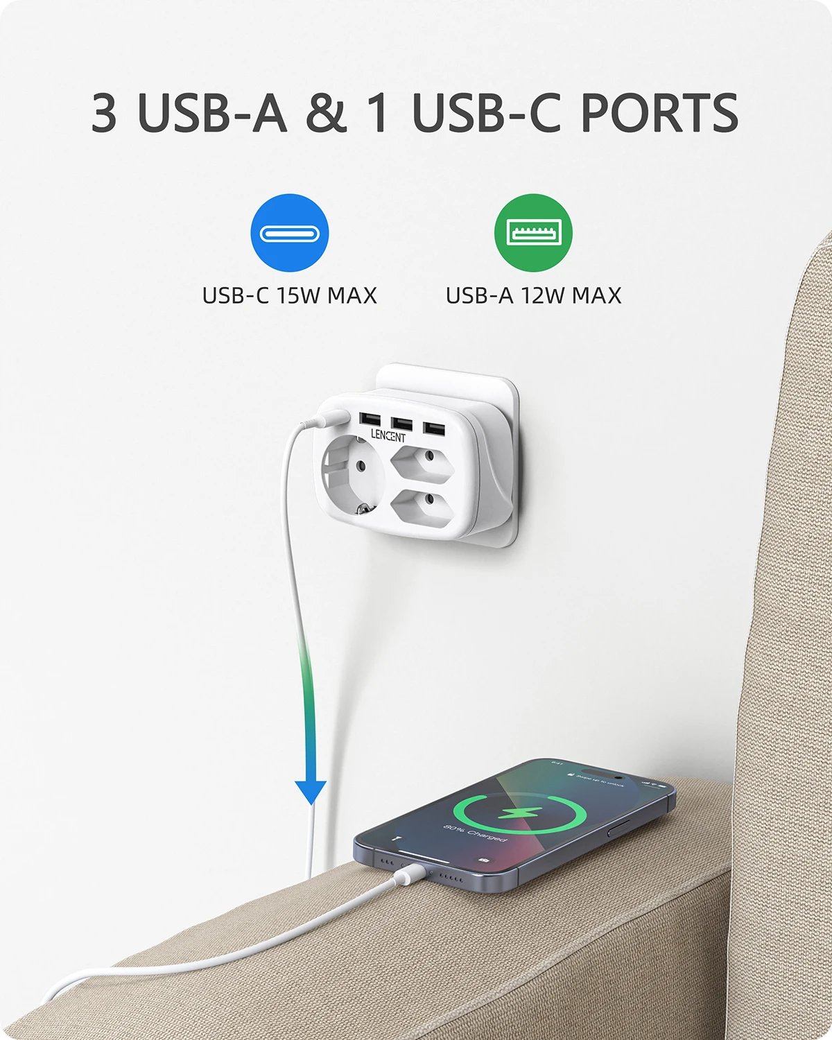 LENCENT EU Plug Multiple Wall Socket Extender z 3 gniazdami AC 3 portami USB i 1 adapterem wtyczki typu C7-in-1 do domu i biura