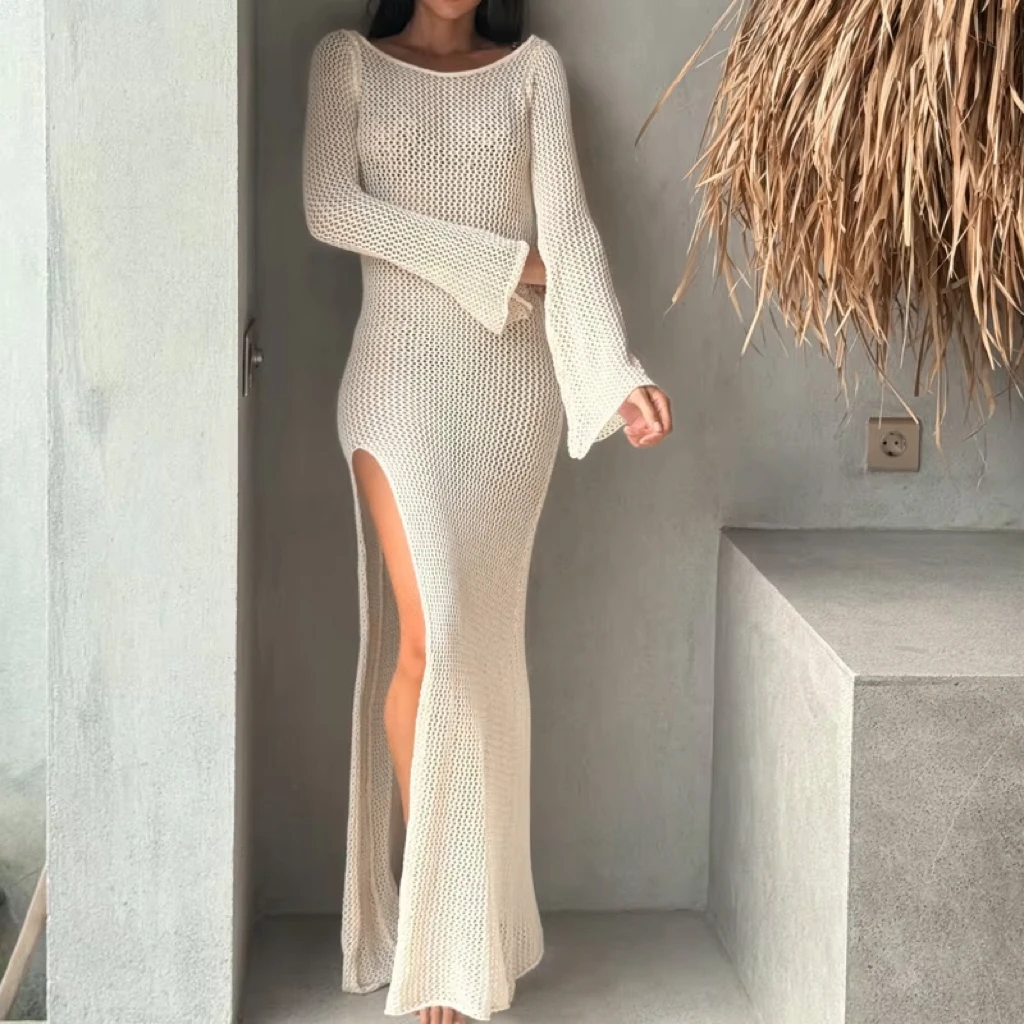 

Сексуальное длинное платье с открытой спиной и высоким разрезом по бокам, трикотажное пляжное накидка с длинными рукавами, элегантная приталенная летняя мода