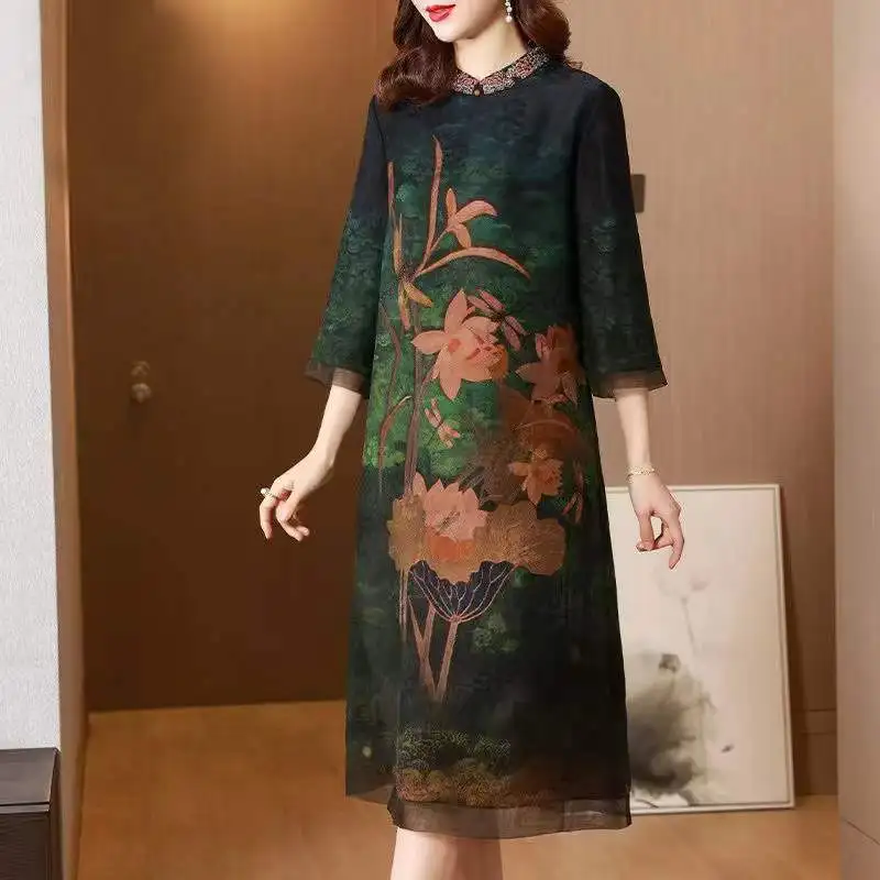 Indie Folk Vintage Silk Midi Floral Dress Oversized Spring Summer Short Sleeve Dresses Elegant Female Casual Gauze Pullover Robe