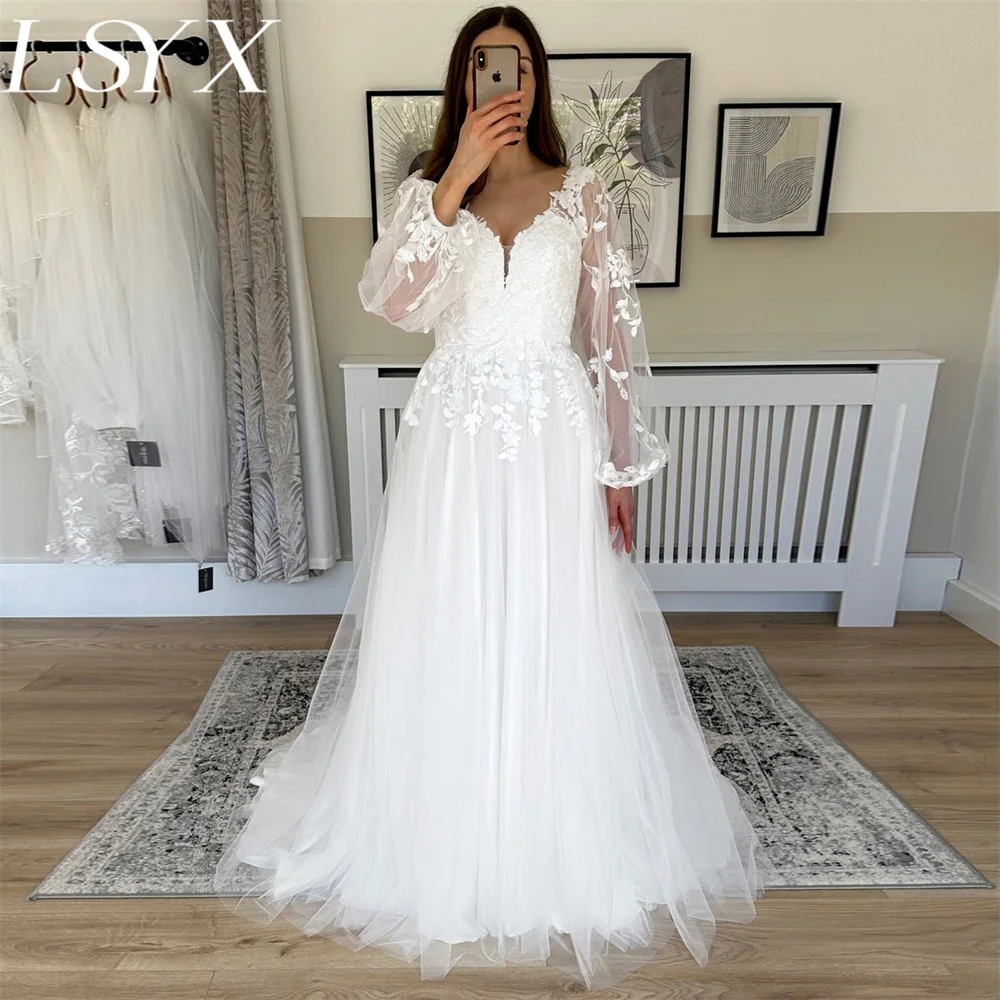 LSYX Fairy Long Puff Sleeve V-Neck White Wedding Dress Appplique A-Line Tulle Button Back Court Train Bridal Gown Custom Made