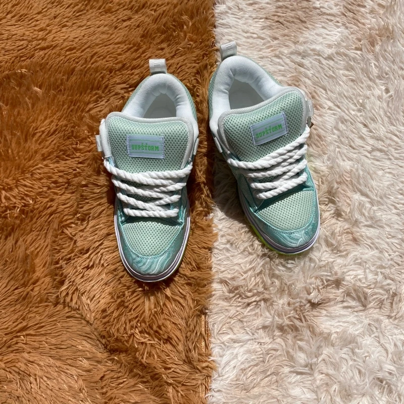 2026 comfortable green and white contrasting bread shoes men's thick white hemp rope shoelaces skateboard shoes big size 36-48