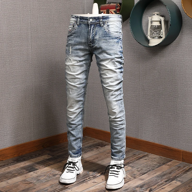 Newly Designer Fashion Men Jeans Retro Blue Washed Elastic Slim Fit Ripped Jeans Men Stretch Trousers Vintage Denim Pants Hombre