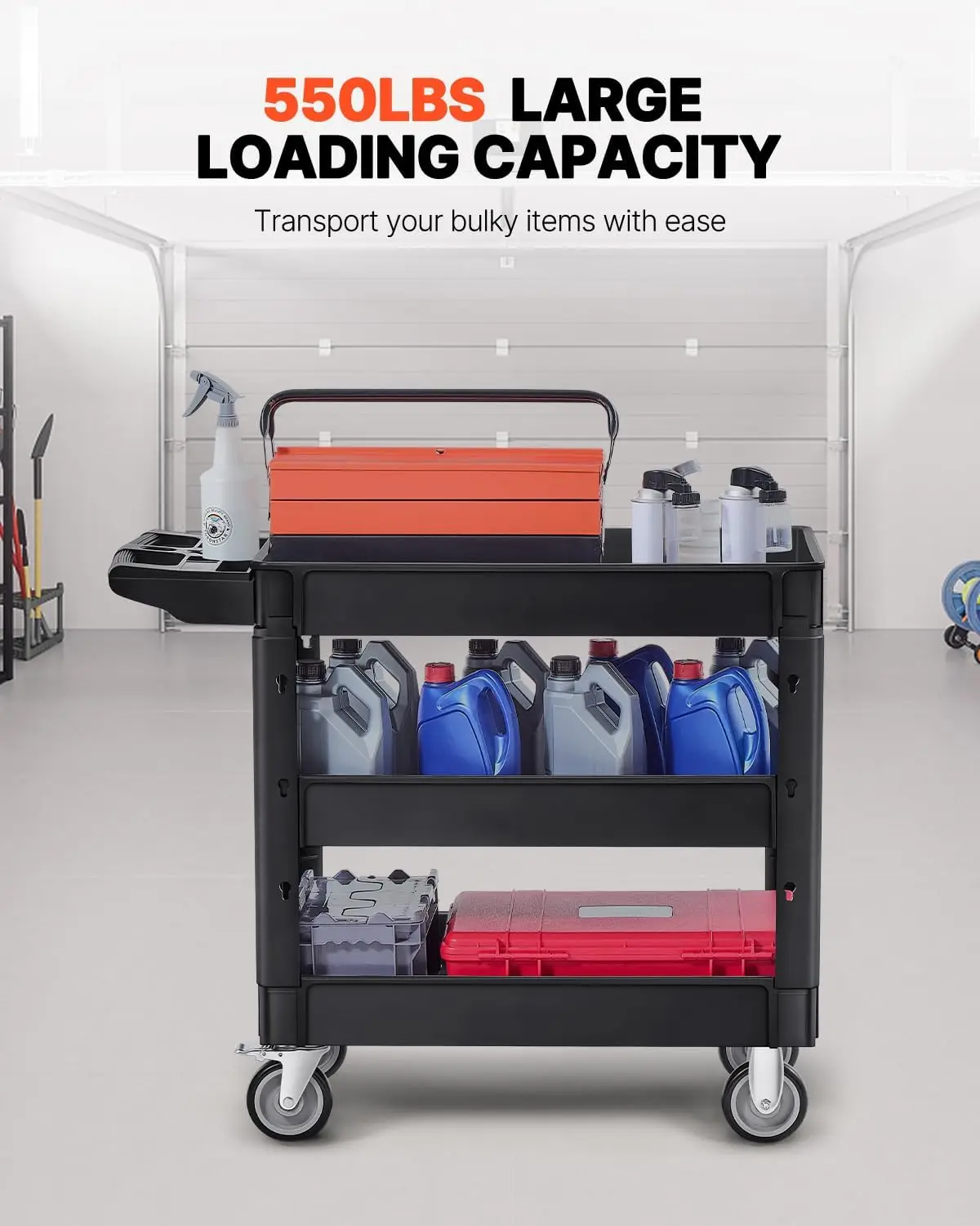 Utility Cart, 3-Tier Plastic Service Cart with 550LBS Capacity, 360° Swivel Casters (Including 2 Locking Wheels), Medium Lipped