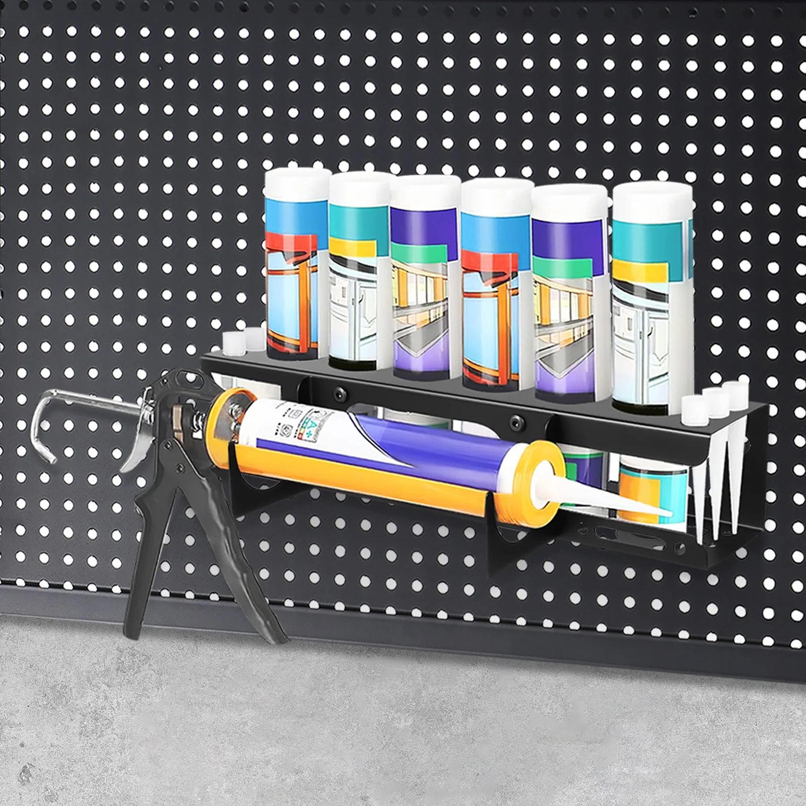 

Heavy-Duty Wall-Mounted Storage Adjustable Black Iron Organizer Wear-Resistant Space Optimization for Caulking Tubes Garage