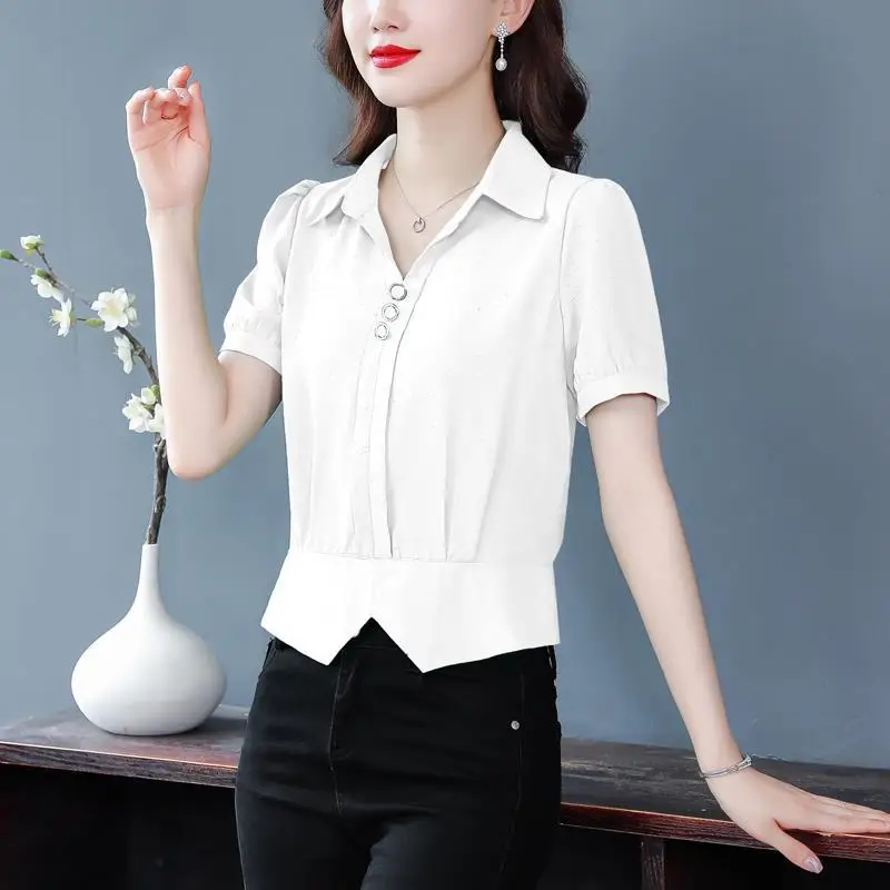 Fashion Commute Solid Color Button Shirt Female Clothing Casual Polo-Neck Folds 2024 Summer Waist Short Sleeve All-match Blouse