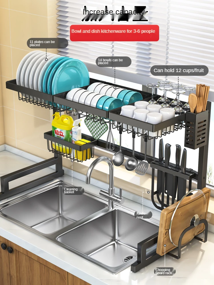 Kitchen Sink Storage Shelf Multi-Functional Draining Bowl Rack Countertop Appliance Knife Bowl Dish Storage Rack Sink