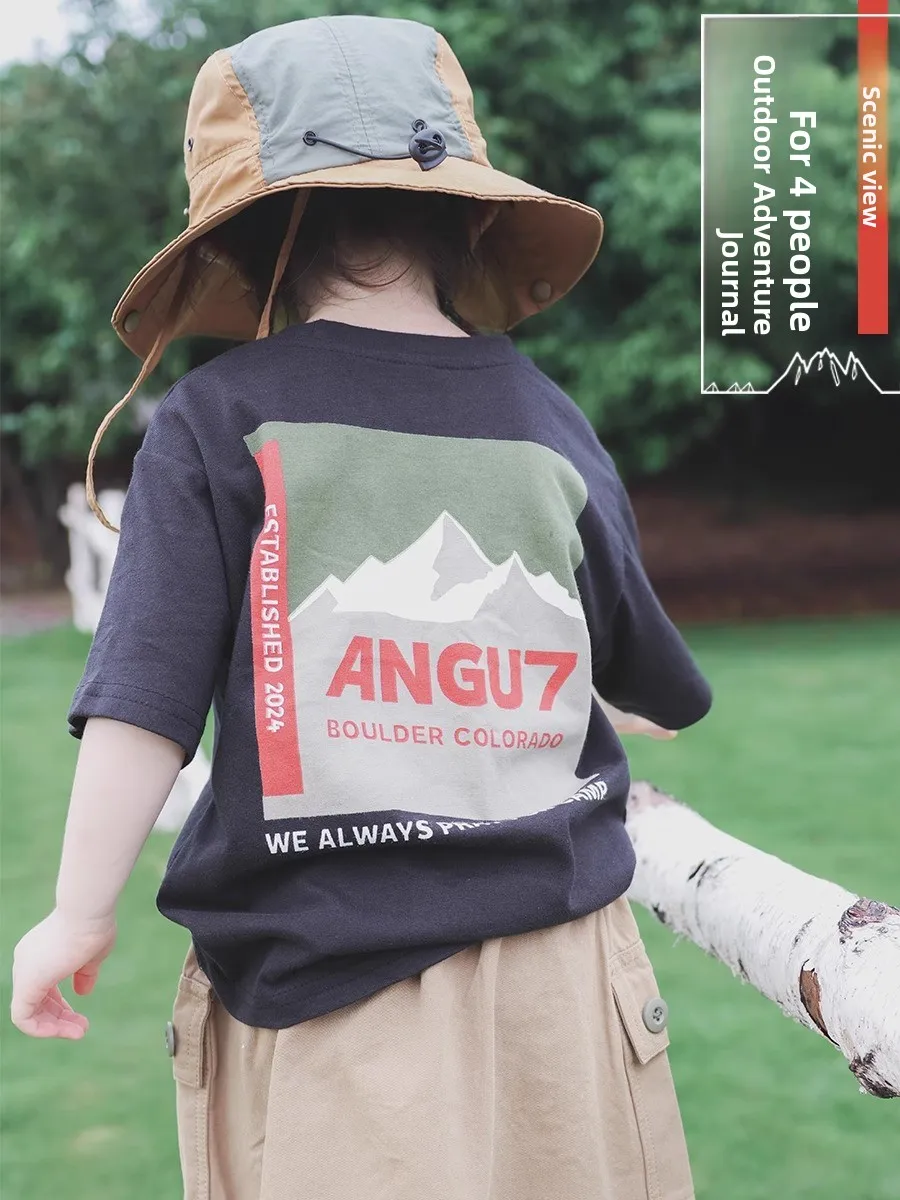 Pure Cotton Short Sleeve T-Shirt for Kids Loose Fit Outdoor Camping Sportswear Unisex Summer Children's Mountain Series Top