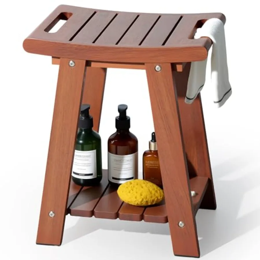 

Teak Shower Stool with Shelf and Towel Bar Teak Wood Shower Bench for Shaving Legs 14" Waterproof Bath Seat for Small Bathrooms
