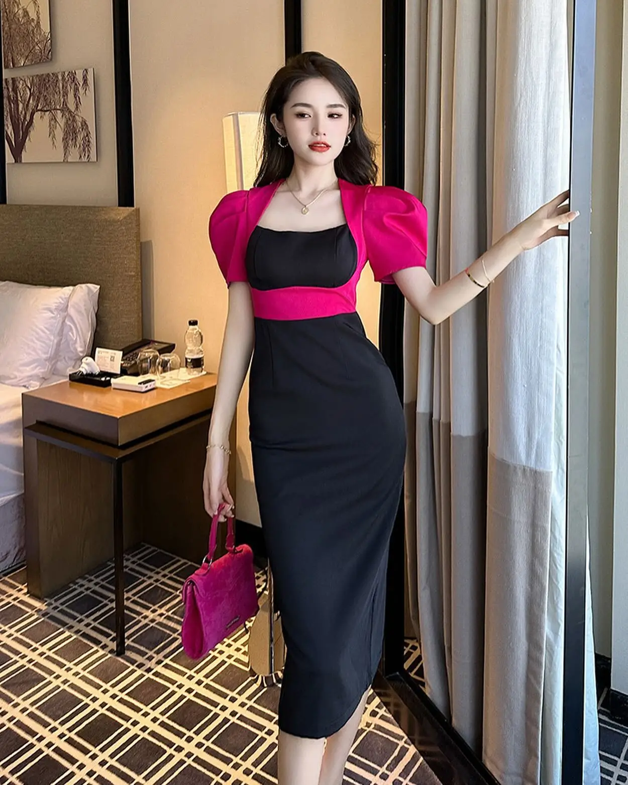 

Customized Temperament Jersey Straight Evening Dress High Quality Short Sleeves Square Neck Tea Length Bespoke Occasion Gowns