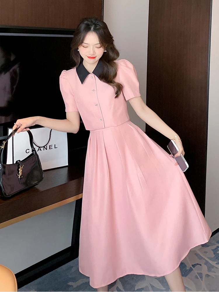 

Runway High Quality Autumn Office OL Two Piece Set Women Lapel Puff Sleeve Crop Tops + A Line Pleated Skirts Suits Lady Outfits