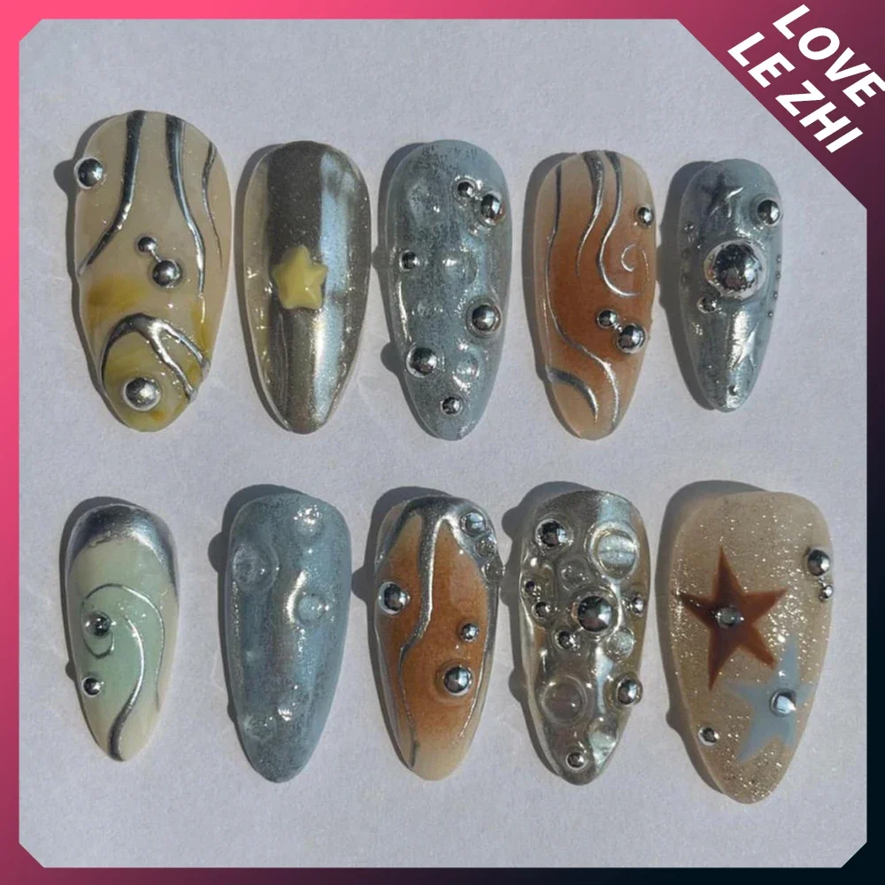 Y2K Metal Ellipse European Almond Handmade Press On Nails Mechanical Cyber Style Star Diamond Full Coverage Fake Nail Tip