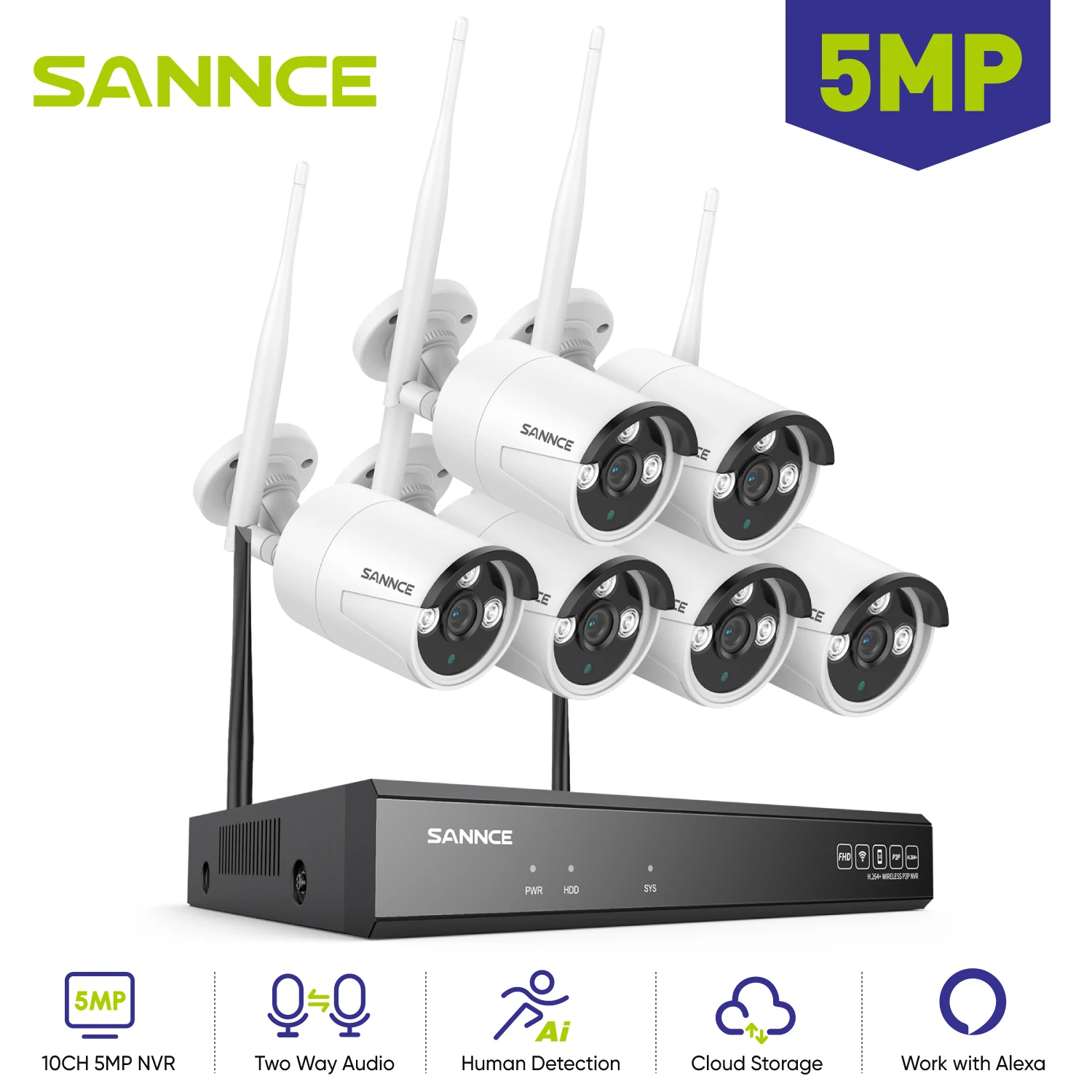 SANNCE 6PCS 5MP Wifi Camera IP Outdoor 10CH NVR Two-way Audio Wireless Audio Video Security Surveillance Kit Cameras