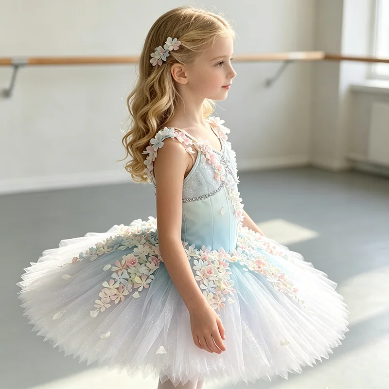 Womens Thin Strap V Neck Ballet Tutu Performance Dress Silver Rhinestone Trim 3D Macaron Mixed Color Flower Light Blue Gradient