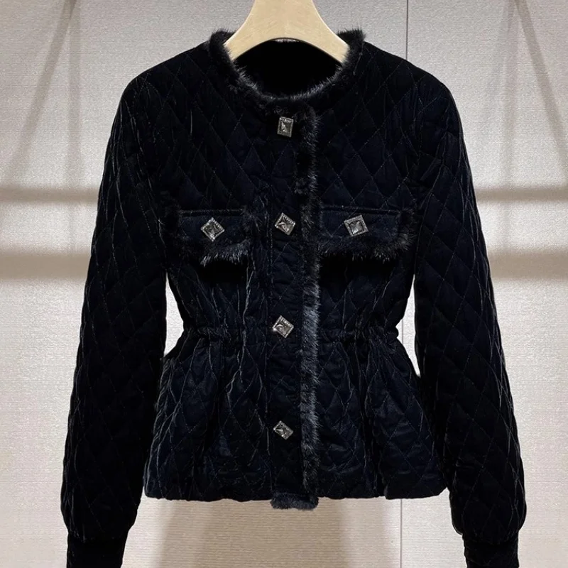 

Черная бархатная хлопковая тонкая куртка во французском стиле, женская осенне-зимняя новая роскошная клетчатая куртка с круглым вырезом, модная верхняя одежда на пуговицах с бриллиантами