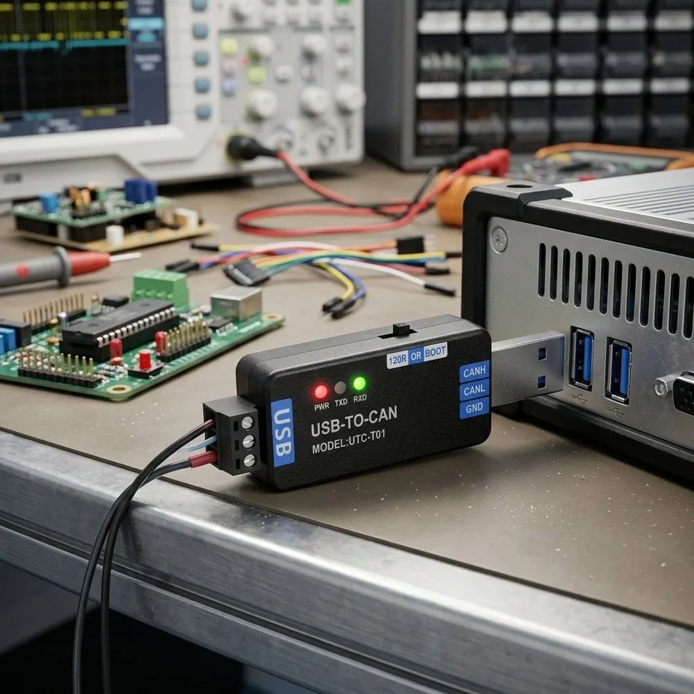 UTC-T01 USB CAN Interface Device with Power Indicator TXD RXD LEDs DIP Switch and CANH CANL GND Terminal Block