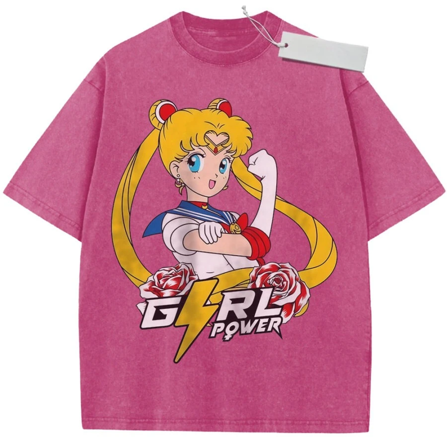 Unisex-T-Shirt in gewaschenem Rosa im Vintage-Stil, Sailor Moon Girl Power, hochwertiger Stoff für Zuhause, Freizeit, Reisen, Einkaufen